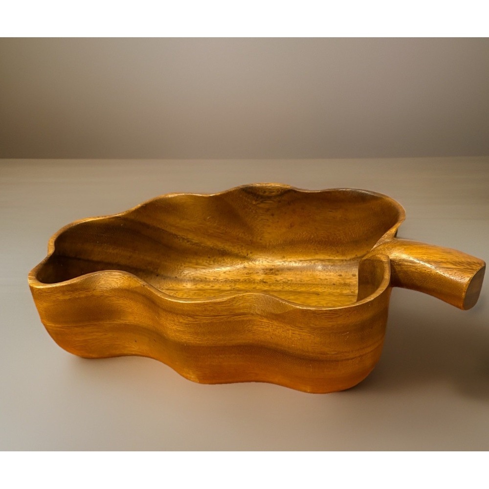 Woods of Hawaii Monkey Pod Wood Leaf Bowl & 4 Utensils Vintage Salad Set  MCM
